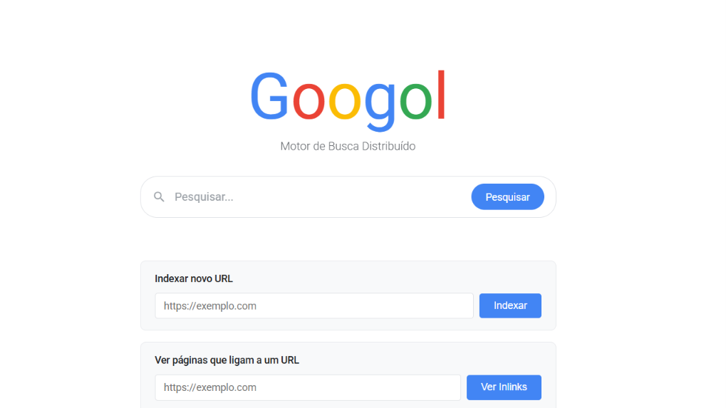 Googol search engine client showing the search bar and URL indexing panels