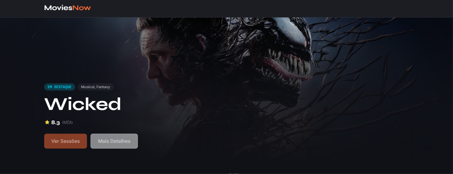 MoviesNow hero banner showing a featured film with rating and showtime CTAs
