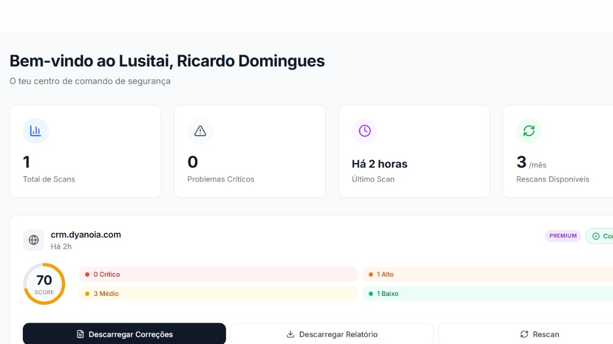 Lusitai dashboard showing a completed scan with a security score of 70 and severity breakdown